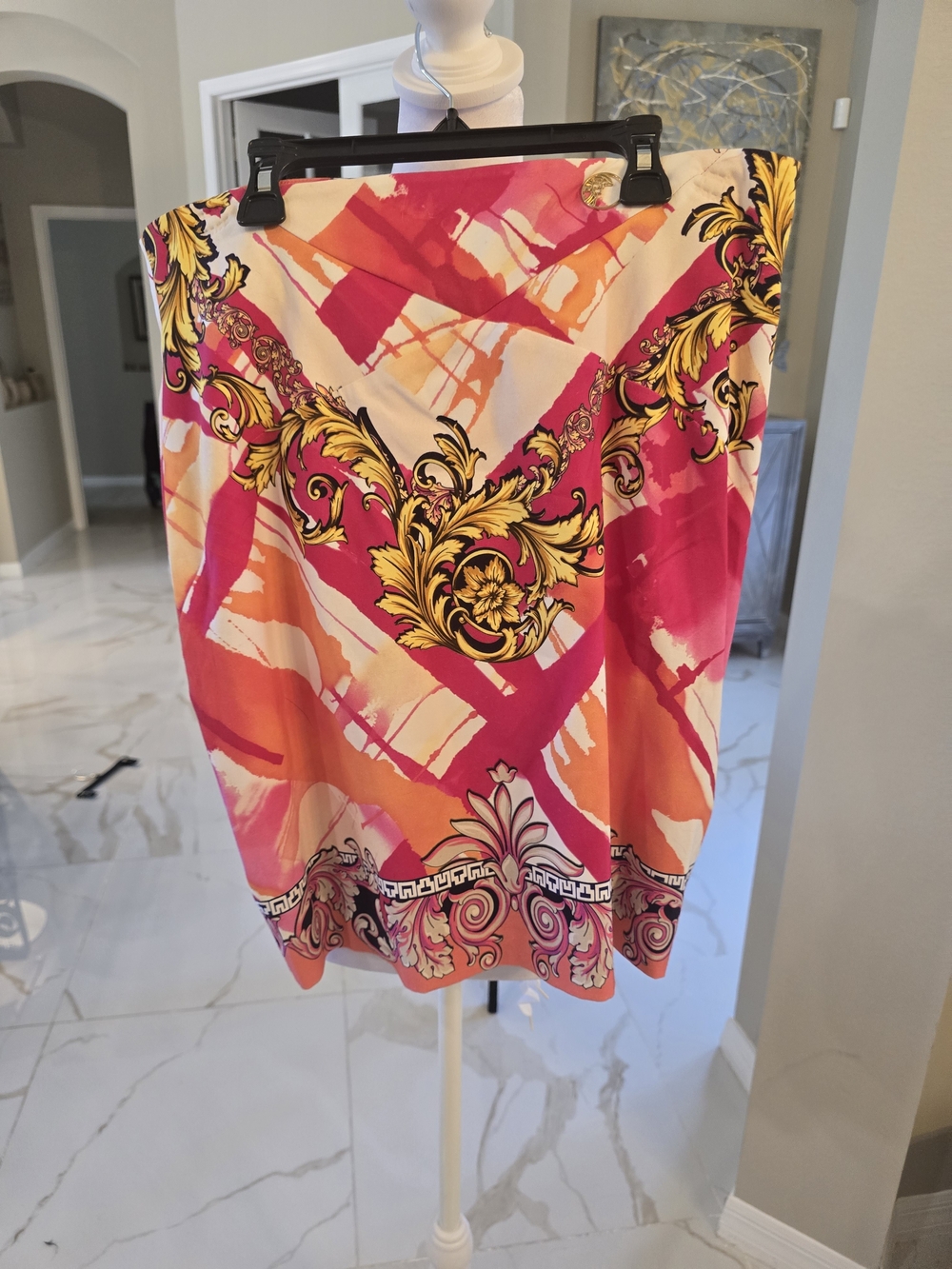 Versace Pink, Orange & Gold Baroque-Print Midi Skirt